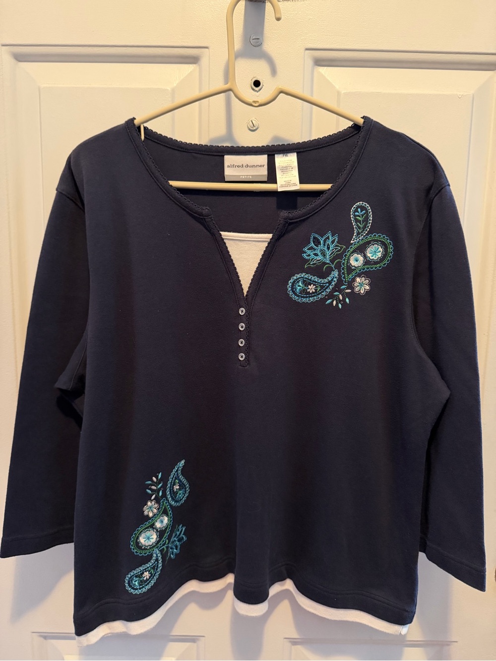 Alfred Dunner navy long-sleeve henley with teal embroidery
